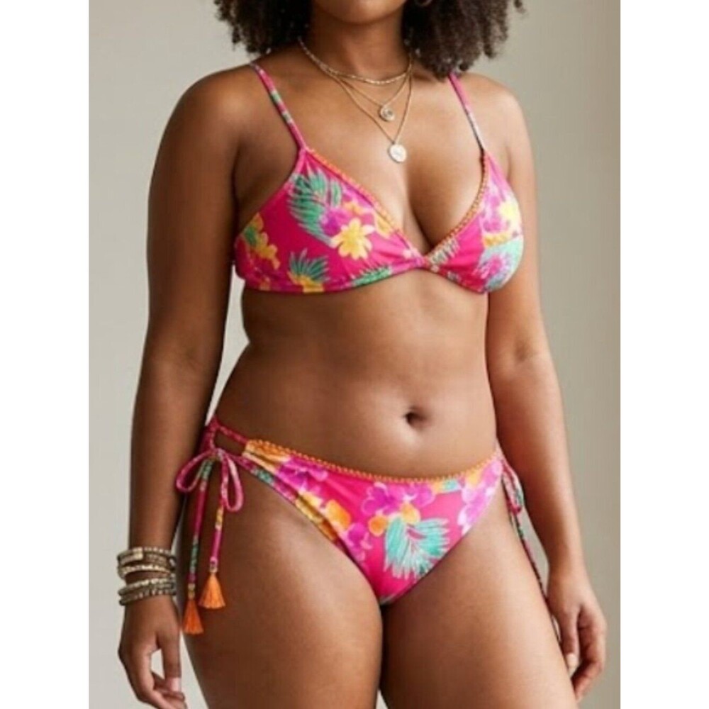 Hobie Tropical Floral Tassel Tie Side Pink Two Piece Bikini Set Womens SZ Large